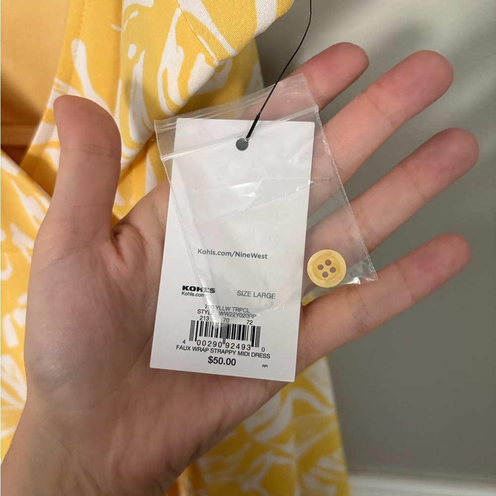 NWT Nine West Yellow White Tropical Palm Print Wrap Midi Dress Large Resort - Picture 6 of 7